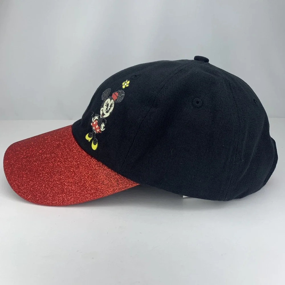Disney Parks Minnie Mouse Youth Hat Coral Red Glitter Adjustable Ball Cap w Tag